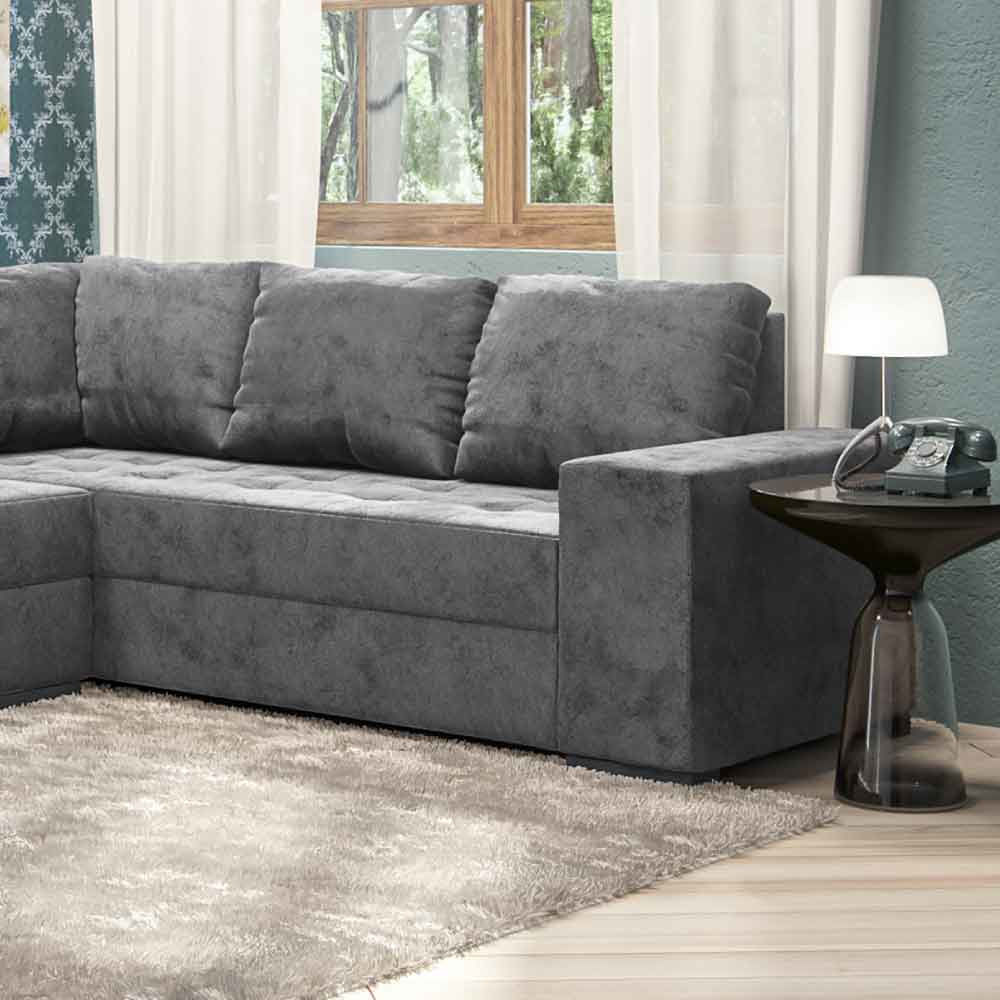 Sofá de Canto Estofar Melissa Tecido Suede Animale Cinza Moveis