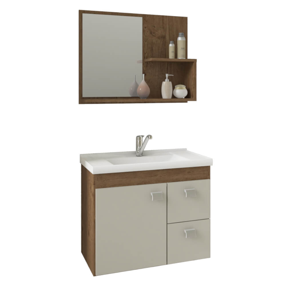 Gabinete Isa MGM 55cm para Banheiro com Espelheira - Amêndoa/Off White