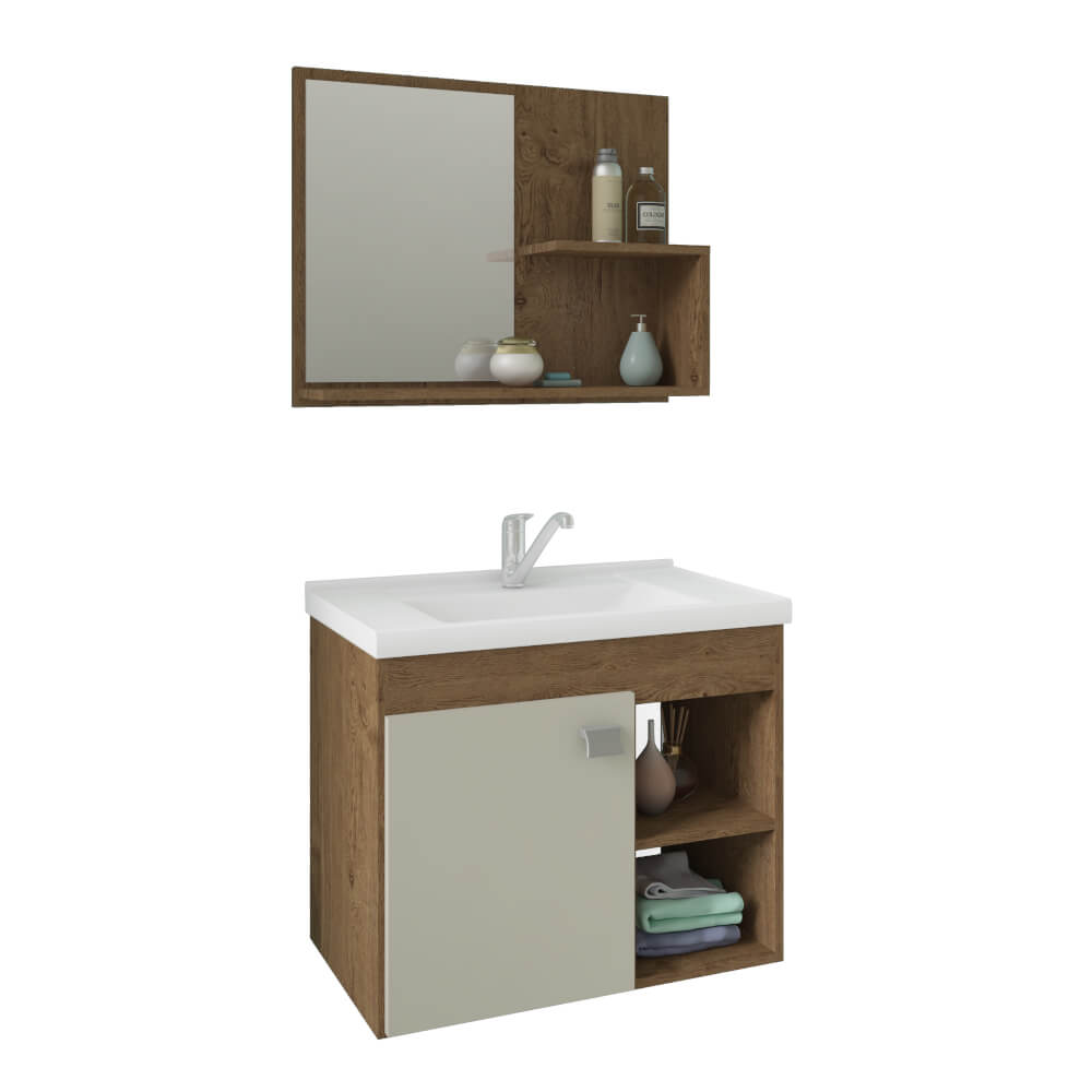 Gabinete Bia MGM 55cm para Banheiro com Espelheira - Amêndoa/Off White