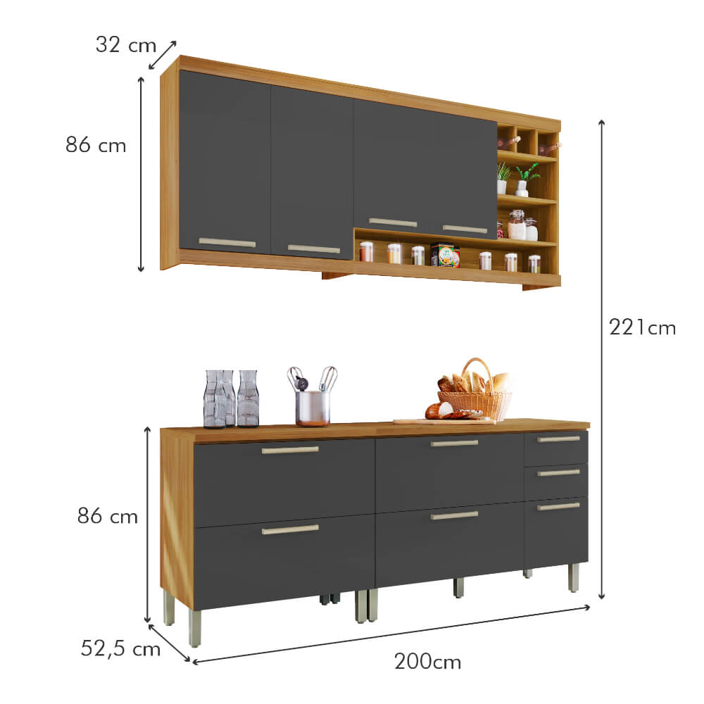 Cozinha modulada Nesher Burguesa Premium com 4 peças - Freijó/Grafite ...