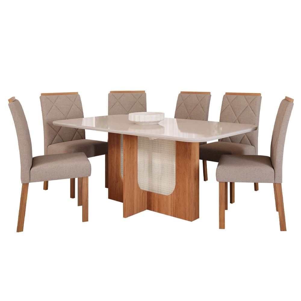Conjunto de Mesa Cimol Louise 180x90cm com 6 Cadeiras Fernanda - Cinamomo/Off White/Bege