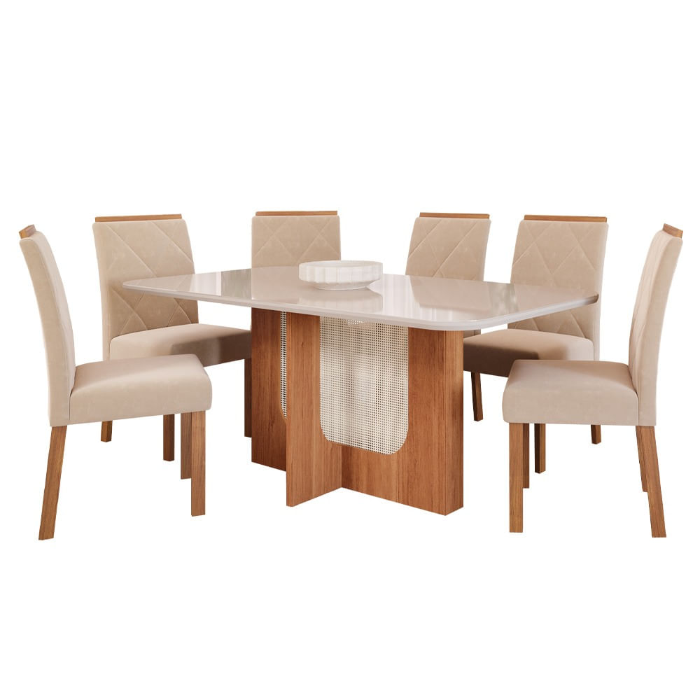 Conjunto de Mesa Cimol Louise 180x90cm com 6 Cadeiras Fernanda - Cinamomo/Off White/Nude
