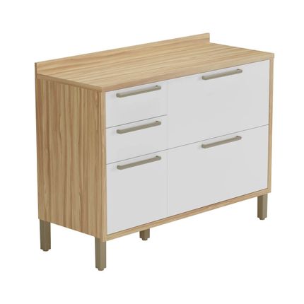 Balcão de Cozinha Ronipa Syrah 120cm com 2 Portas e 3 Gavetas - Amêndoa/Branco Balcão de Cozinha Ronipa Syrah 120cm com 2 Portas e 3 Gavetas - Amêndoa/Branco