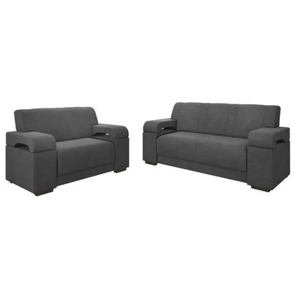 Conjunto de Sofás Estofar Atlanta 2 e 3 Lugares com Tecido Veludo - Cinza Conjunto de Sofás Estofar Atlanta 2 e 3 Lugares com Tecido Veludo - Cinza
