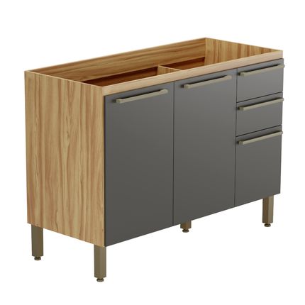 Balcão de Cozinha Ronipa Napoli Prime para Pia 120cm com 3 Portas e 2 Gavetas - Amêndoa/Grafite Balcão de Cozinha Ronipa Napoli Prime para Pia 120cm com 3 Portas e 2 Gavetas - Amêndoa/Grafite