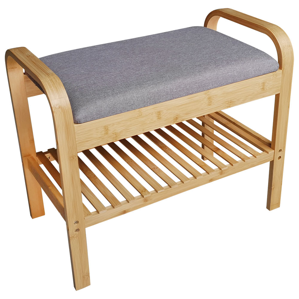 Banco Recamier Almofadado com Sapateira e Alças 60cm - Bambu/Cinza