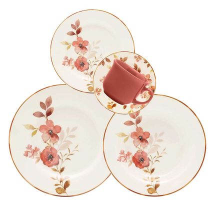 Aparelho de Jantar Oxford Donna Biona Cha das 5 30 peças - Off White/Verde/Vermelho Aparelho de Jantar Oxford Donna Biona Cha das 5 30 peças - Off White/Verde/Vermelho