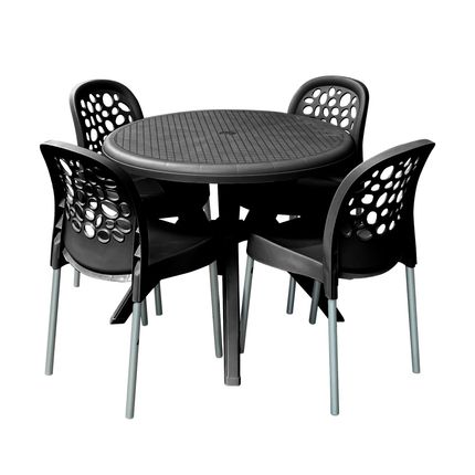 Conjunto Forte Plástico Deluxe Mesa Redonda 90cm com 4 Cadeiras - Preto