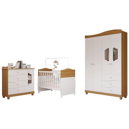 Quarto de Bebê 3 peças 4 Gavetas 4 Portas Permóbili Riso Conforto - Nature/Branco