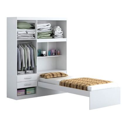 Guarda Roupas Milena ACP com Cama + Cama Auxiliar Solteiro e Baú - Branco