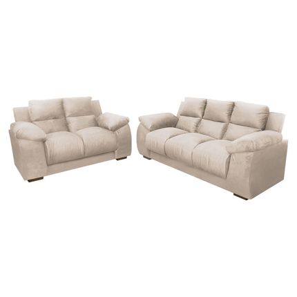 Conjunto de Sofás Estofar Luna 2 e 3 Lugares com Tecido Veludo - Bege Conjunto de Sofás Estofar Luna 2 e 3 Lugares com Tecido Veludo - Bege