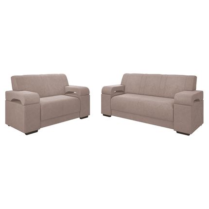 Conjunto de Sofás Estofar Atlanta 2 e 3 Lugares com Tecido Veludo - Bege Conjunto de Sofás Estofar Atlanta 2 e 3 Lugares com Tecido Veludo - Bege