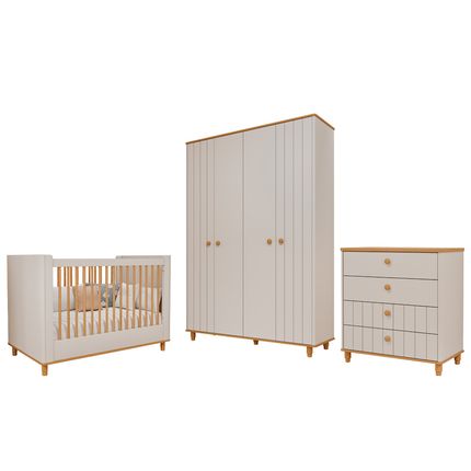 Quarto de Bebê 3 peças 4 Gavetas 4 Portas Permóbili Cupcake - Off White/Nature Quarto de Bebê 3 peças 4 Gavetas 4 Portas Permóbili Cupcake - Off White/Nature