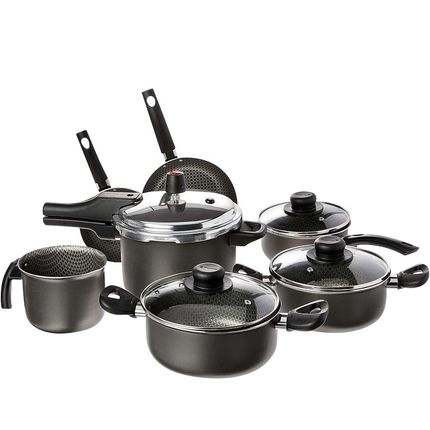 Conjunto de Panelas Multiflon Gourmet com Panela de Pressão 7 Peças - Preto Conjunto de Panelas Multiflon Gourmet com Panela de Pressão 7 Peças - Preto