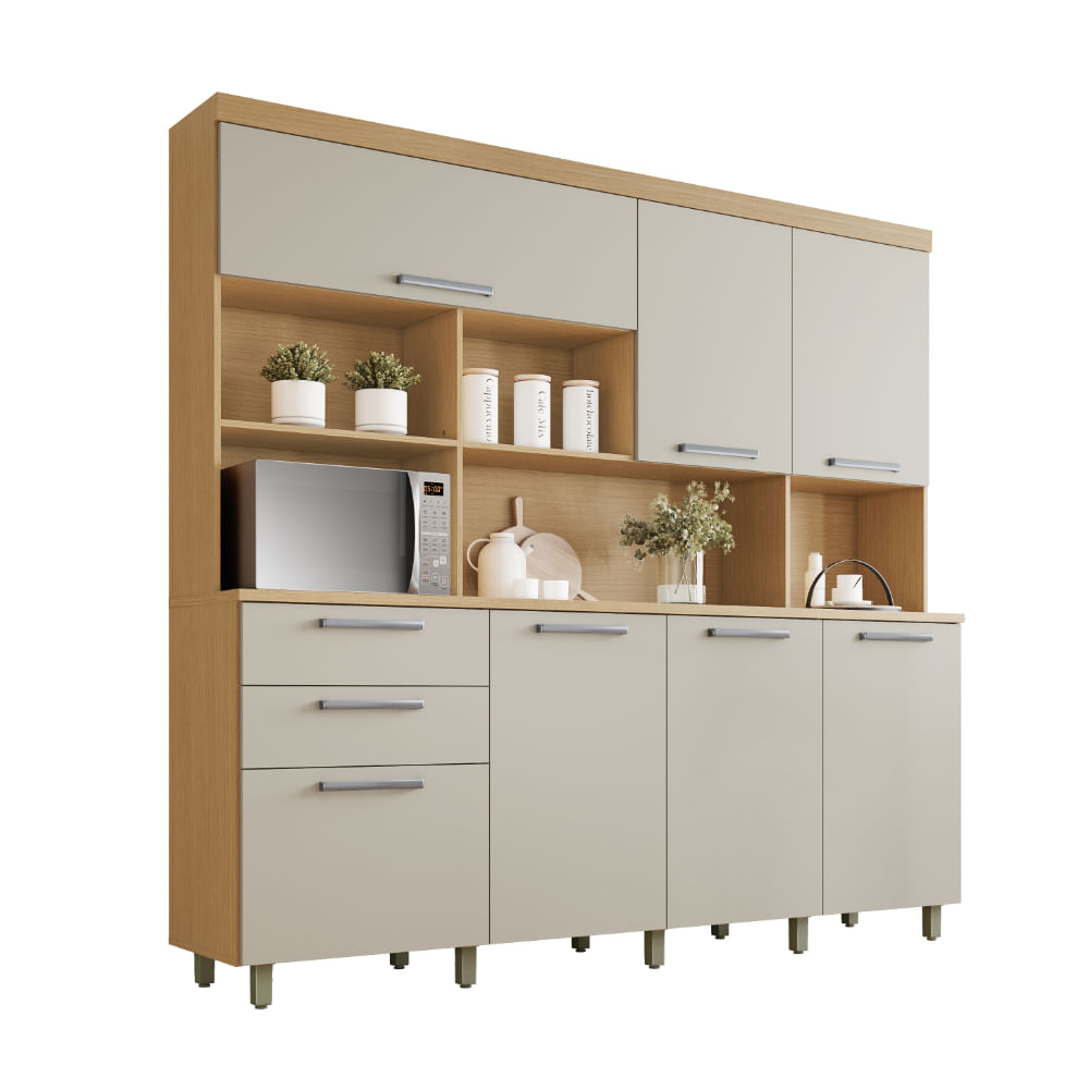 Cozinha Compacta Nesher Nobreza 210cm 7 Portas 2 Gavetas peças - Carvalho/Greige