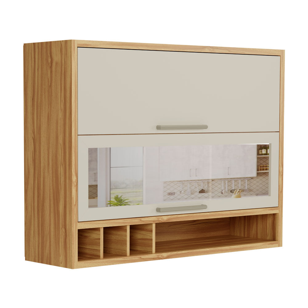 Armário Aéreo Duplo Ronipa Syrah 120cm 2 Portas com Vidro Reflecta - Amêndoa/Off White