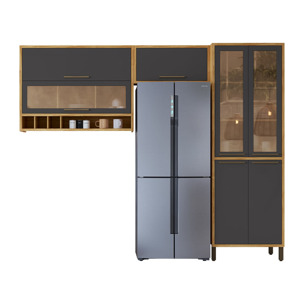 Cozinha modulada Ronipa Syrah Geladeira 3 Peças 7 Portas - Amêndoa/Grafite