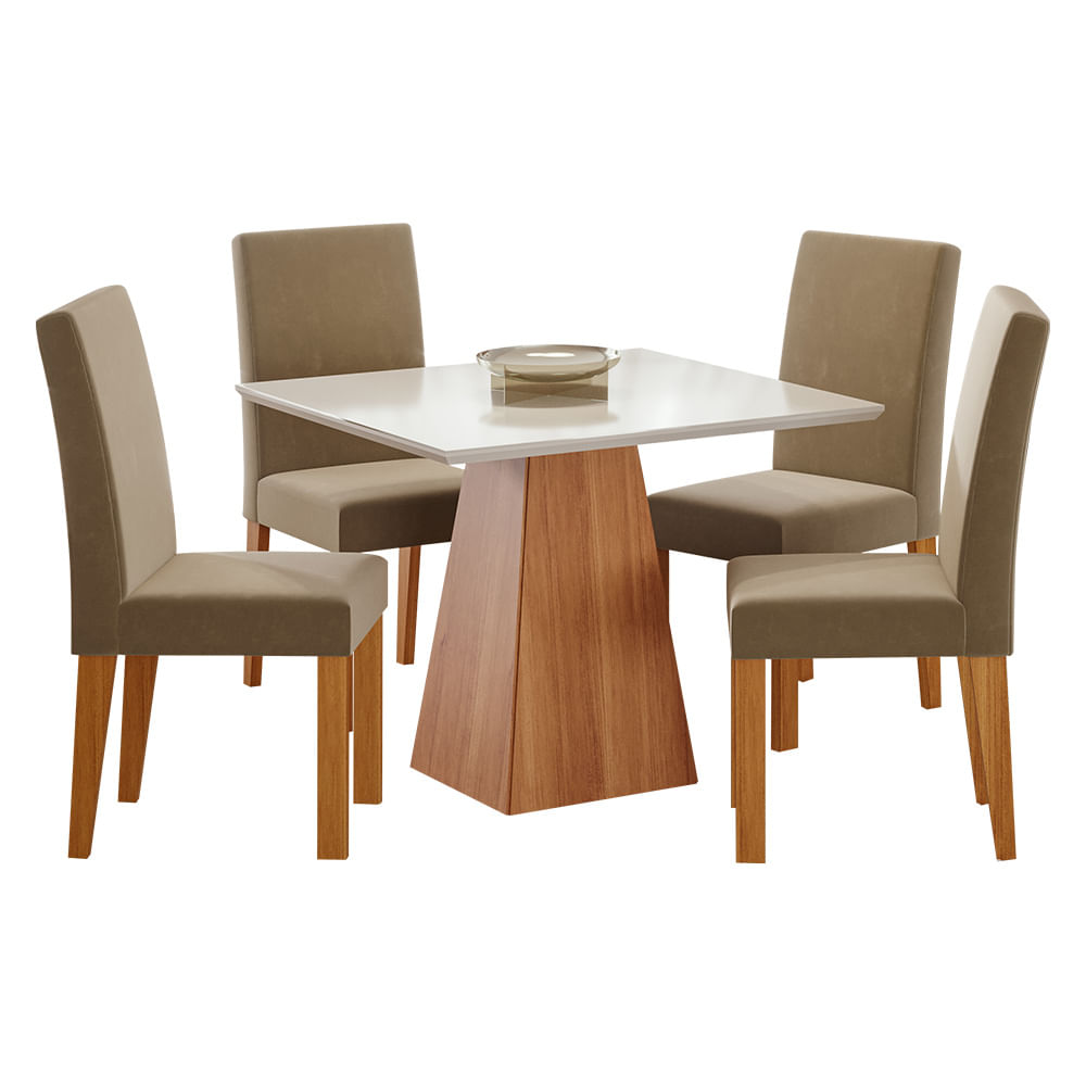 Conjunto de Mesa Cimol Sabrine 95x95cm com 4 Cadeiras Maia Veludo - Cinamomo/Joli