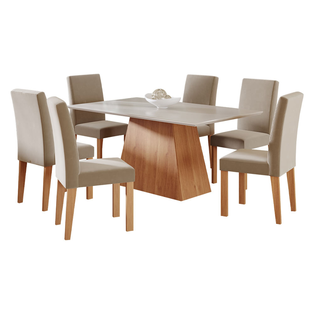 Conjunto de Mesa Cimol Sabrine 160x80cm com 6 Cadeiras Maia Veludo - Cinamomo/Joli