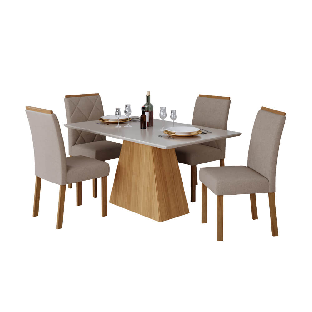 Conjunto Mesa Cimol Sabrine 130x80cm com 4 Cadeira Tecido Linho - Nature/Bege