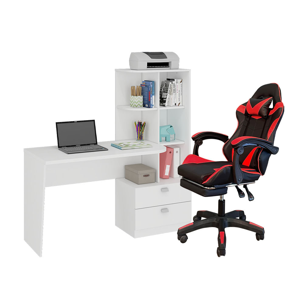 Kit Mesa para Computador Permóbili Elisa + Cadeira Gamer Guardian 730-5 - Branco/Vermelho