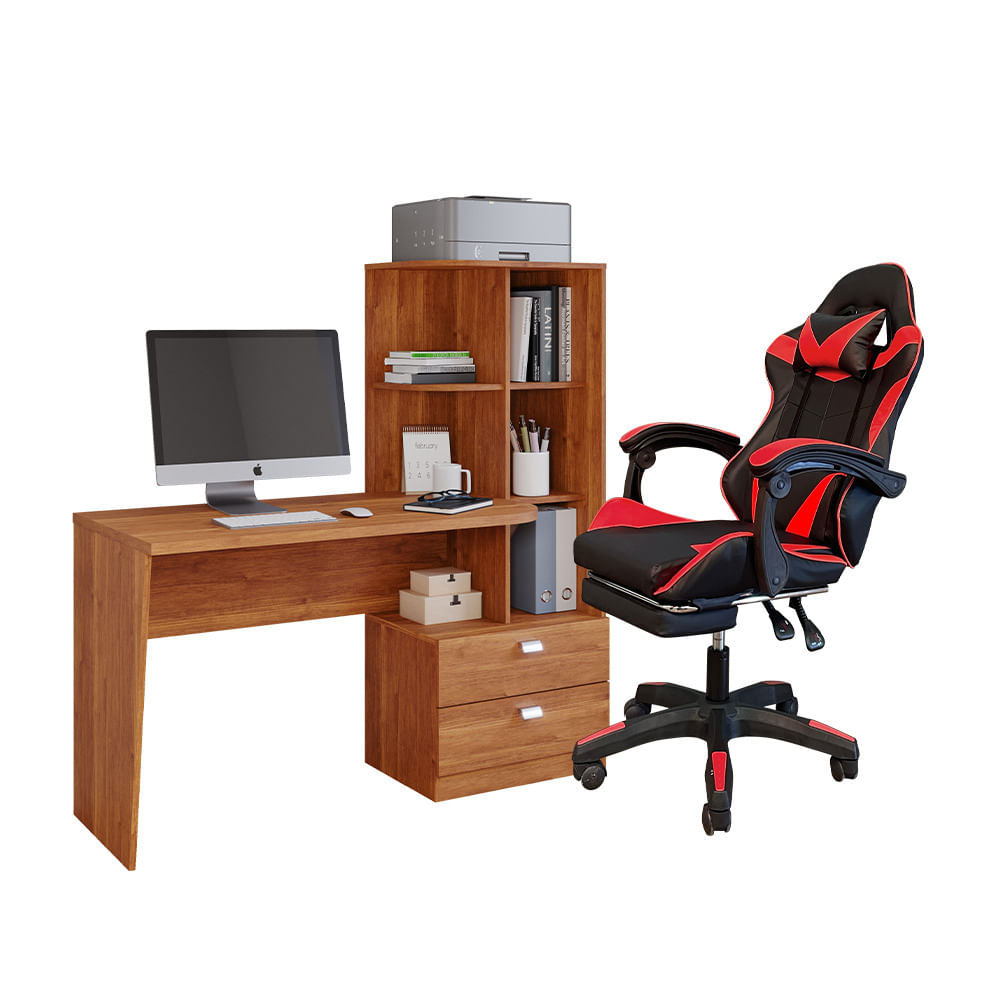 Kit Mesa para Computador Permóbili Elisa + Cadeira Gamer Guardian 730-5 - Cinamomo/Vermelho