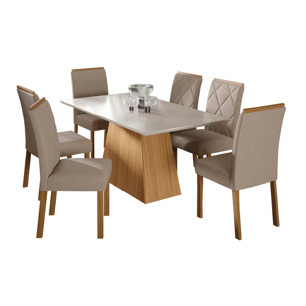 Conjunto Mesa Cimol Sabrine 160x80cm com 6 Cadeiras Tecido Linho - Cinamomo/Bege