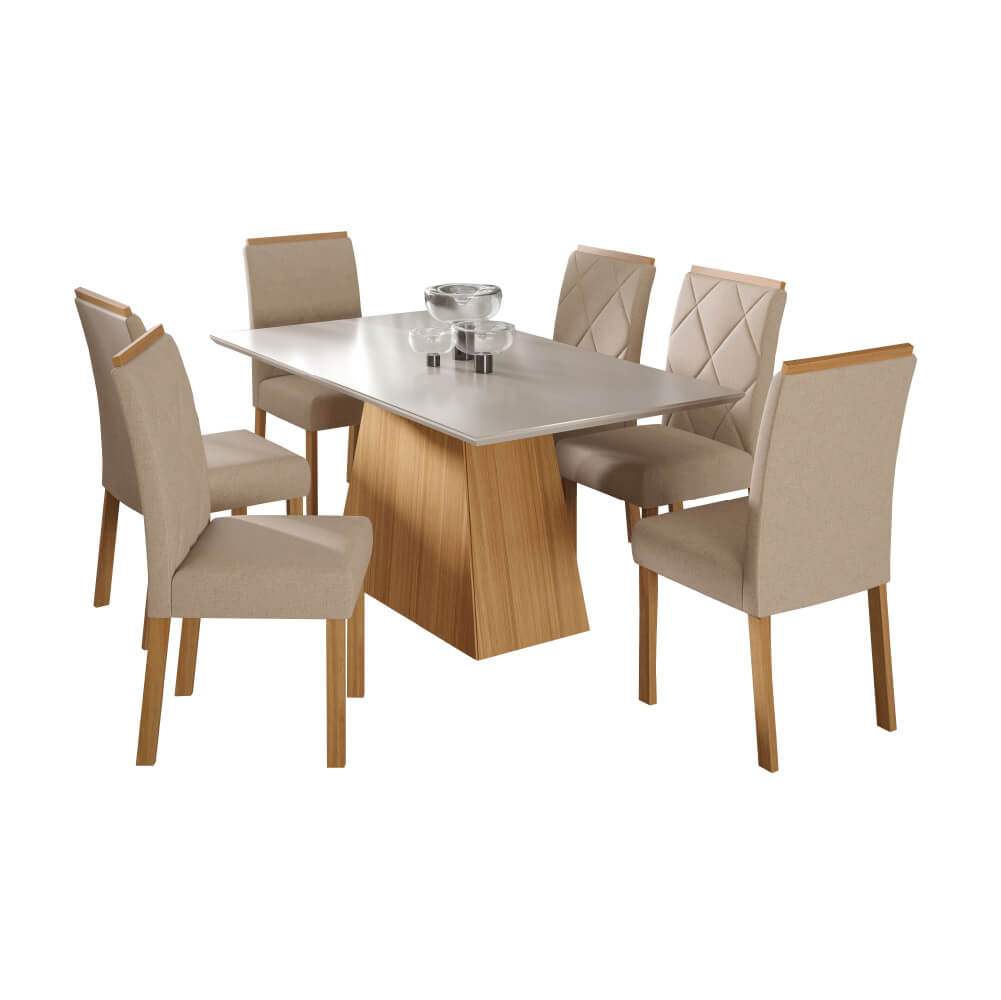 Conjunto Mesa Cimol Sabrine 160x80cm com 6 Cadeiras Tecido Veludo - Cinamomo/Nude