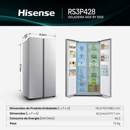 Geladeira Hisense Side By Side 428 Litros Inverter Total Frost