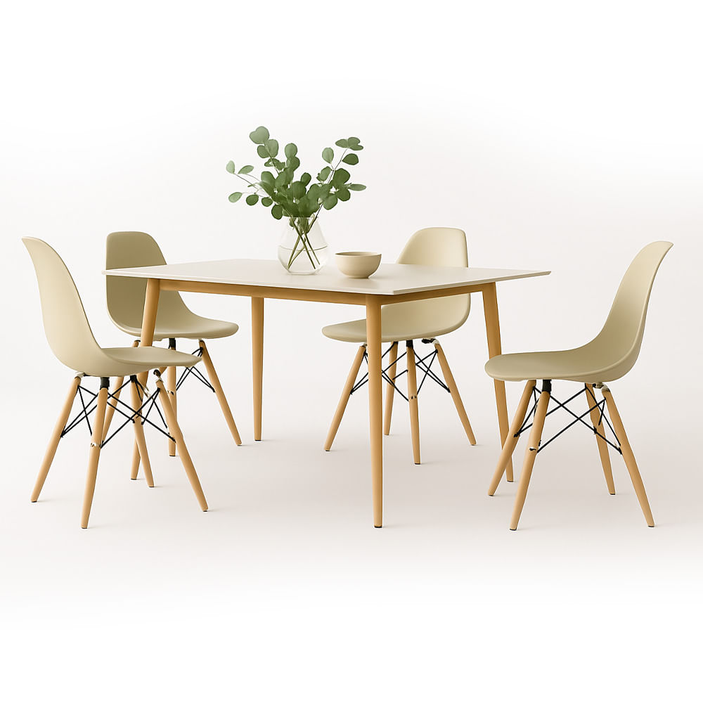Conjunto Mesa Tianjin Diamante 120cm com 4 Cadeiras de Plástico Eiffel - Branco/Marfim