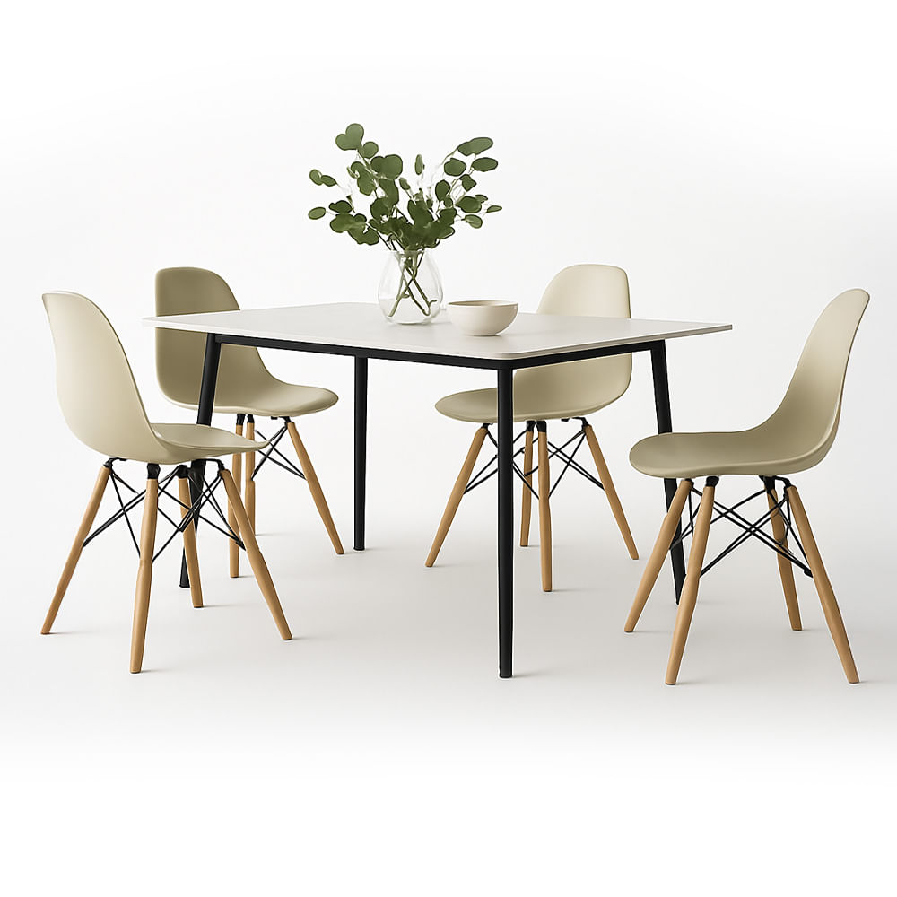 Conjunto Mesa Tianjin Diamante 140cm com 4 Cadeiras de Plástico Eiffel - Branco/Preto