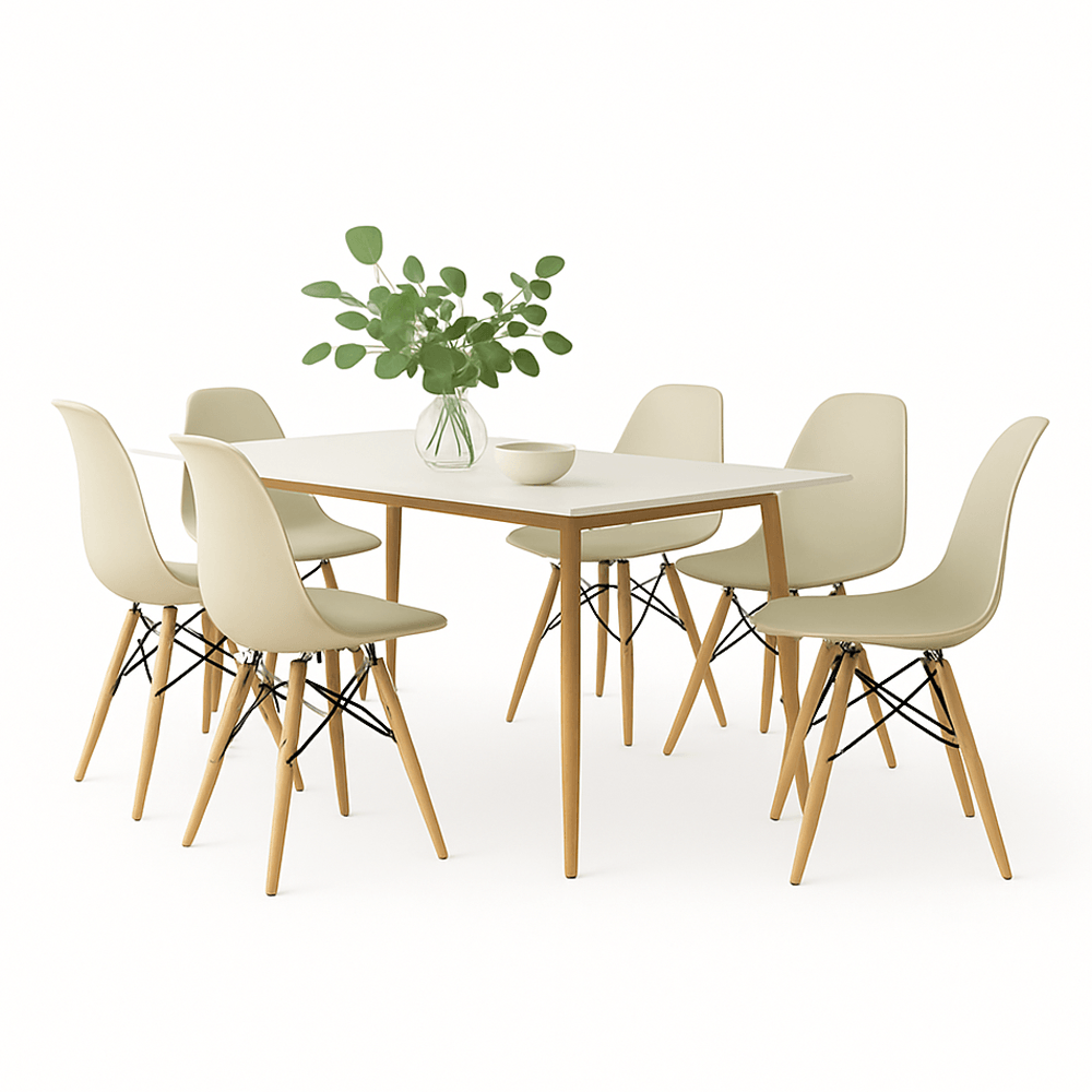 Conjunto Mesa Tianjin Diamante 140cm com 6 Cadeiras de Plástico Eiffel - Branco/Marfim