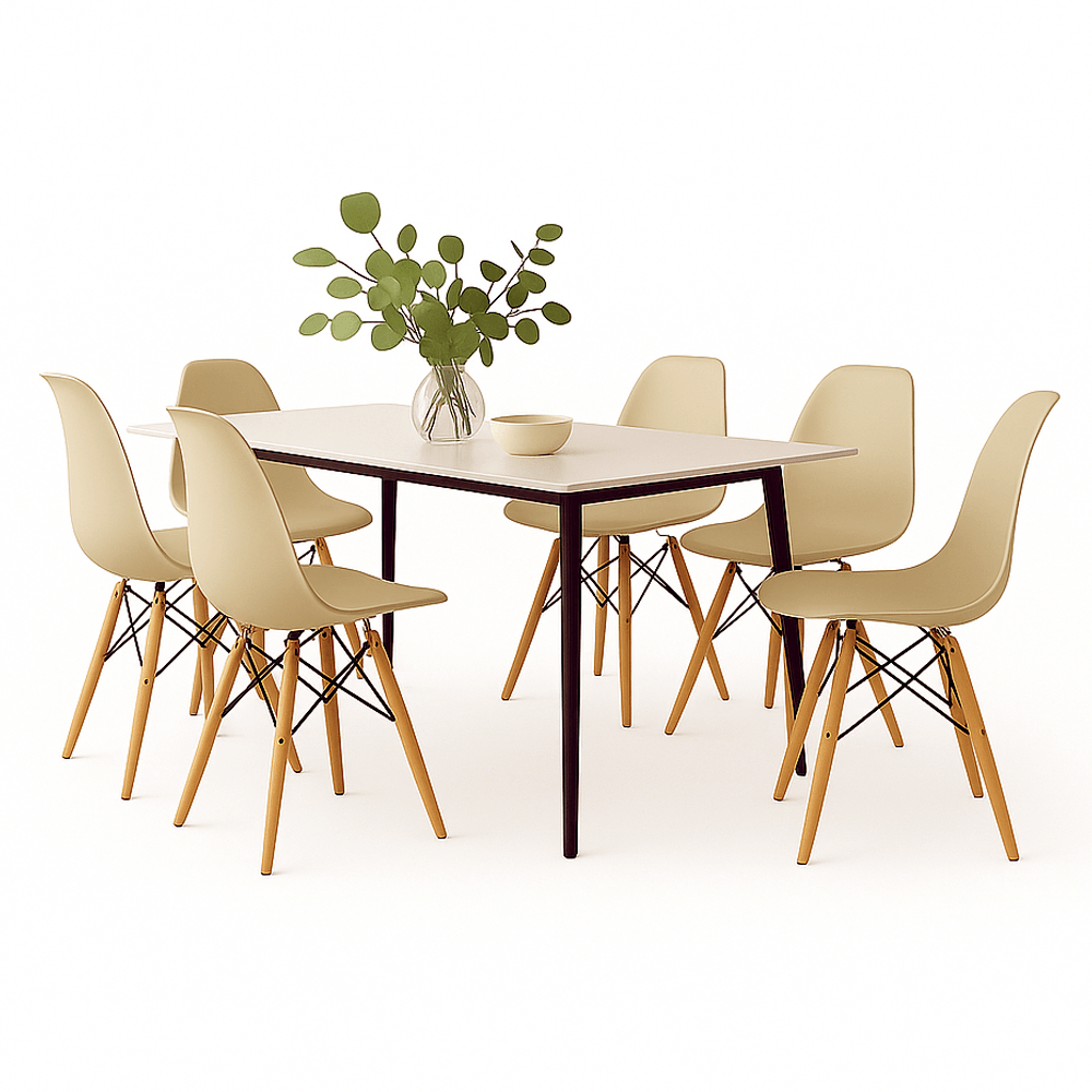 Conjunto Mesa Tianjin Diamante 140cm com 6 Cadeiras de Plástico Eiffel - Branco/Preto