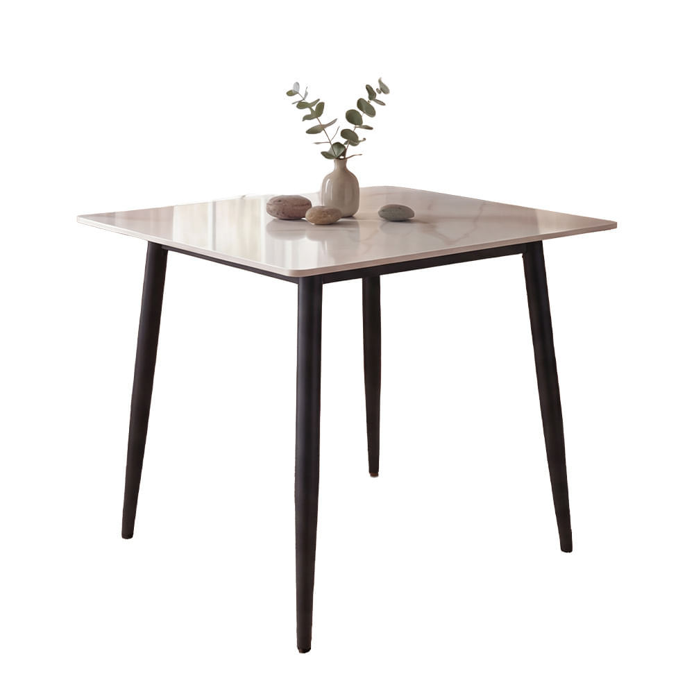Mesa Diamante Tianjin 80x80cm com Tampo de Pedra - Branco/Preto