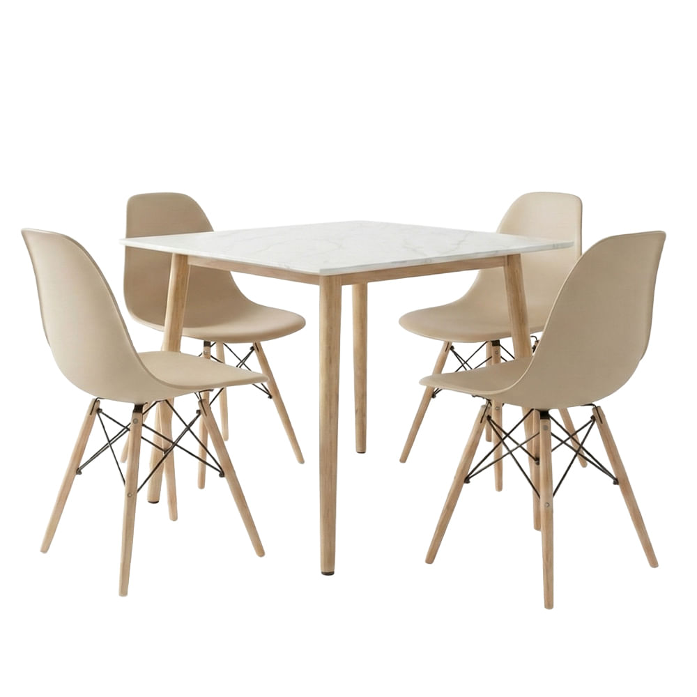 Conjunto Mesa Tianjin Diamante 80cm com 4 Cadeiras de Plástico Eiffel - Branco/Marfim