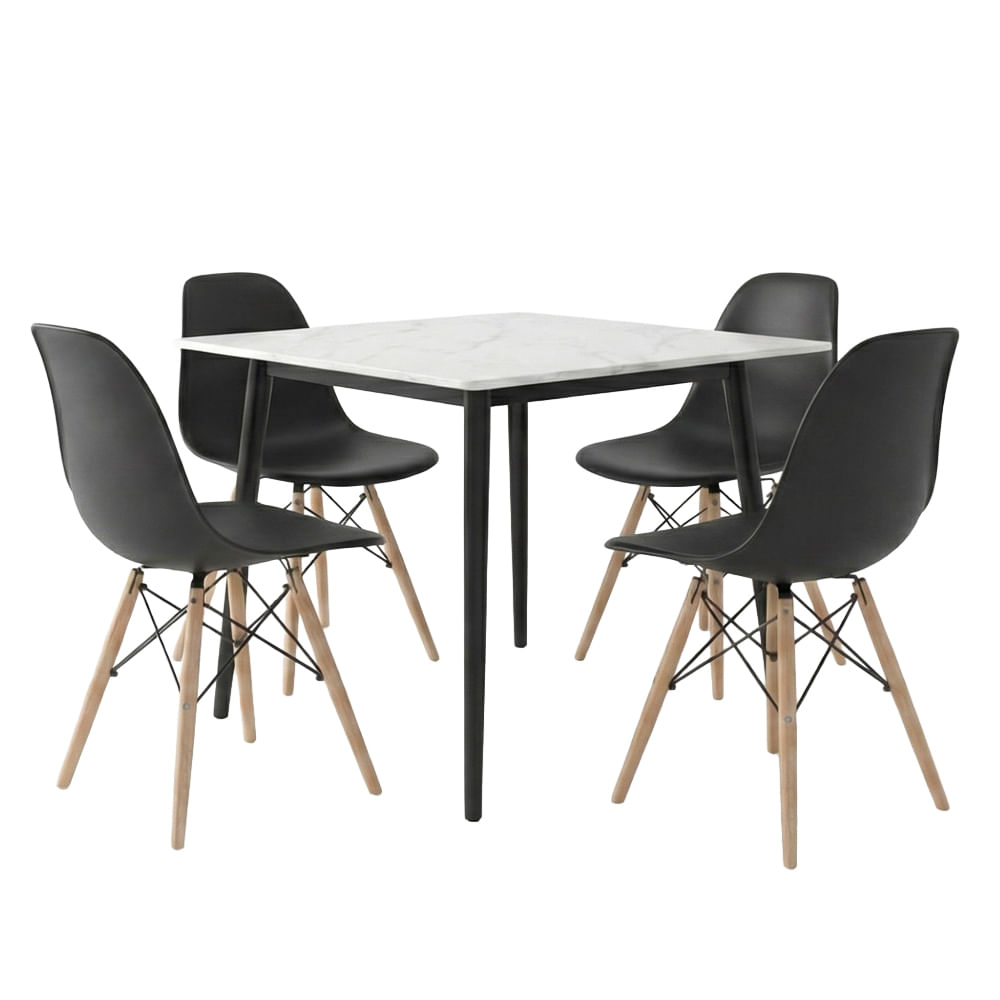 Conjunto Mesa Tianjin Diamante 80cm com 4 Cadeiras de Plástico Eames - Preto