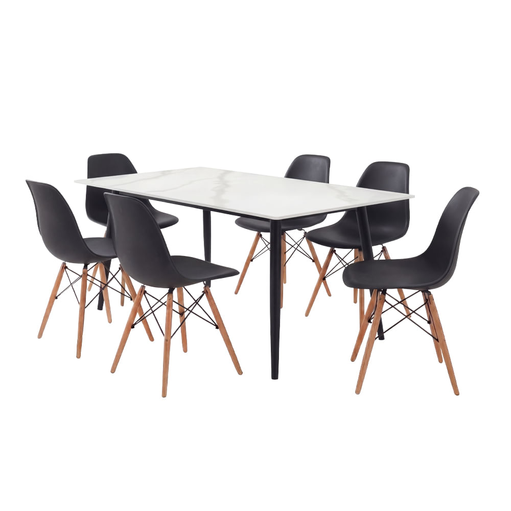 Conjunto Mesa Tianjin Diamante 140cm com 6 Cadeiras de Plástico Eames - Preto