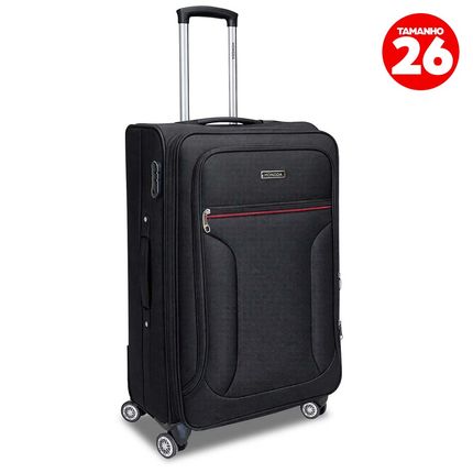 Mala para viagem Hongda Poliéster com 04 rodas duplas tamanho 26 - Preta