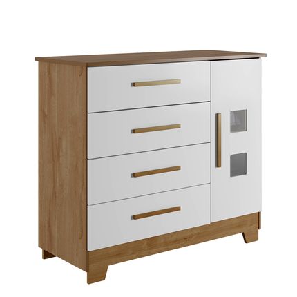 Cômoda Tigus Fly com 4 Gavetas e 1 Porta - Branco/Amadeirado Cômoda Tigus Fly com 4 Gavetas e 1 Porta - Branco/Amadeirado