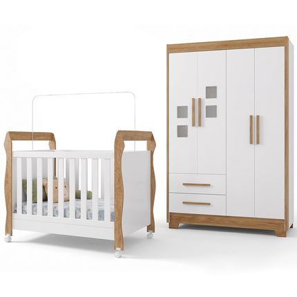 Quarto de Bebê 3 peças Tigus Fly 2 Gavetas - Branco/Amadeirado Quarto de Bebê 3 peças Tigus Fly 2 Gavetas - Branco/Amadeirado