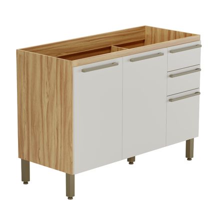 Balcão de Cozinha Ronipa Napoli Prime para Pia 120cm com 3 Portas e 2 Gavetas - Amêndoa/Off White