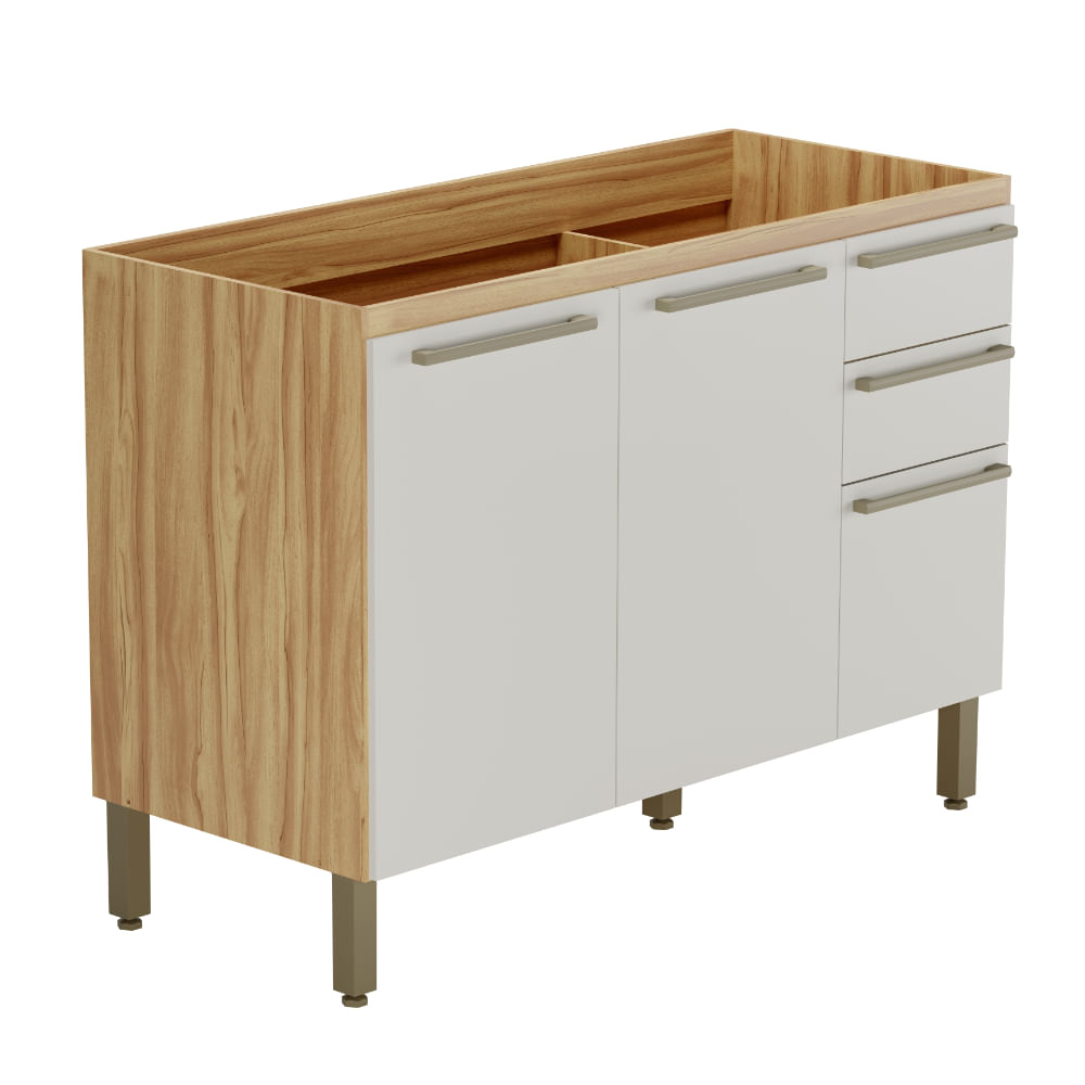 Balcão de Cozinha Ronipa Napoli Prime para Pia 120cm com 3 Portas e 2 Gavetas - Amêndoa/Off White