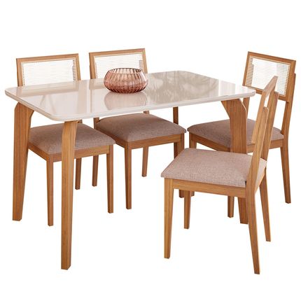 Conjunto Mesa Cimol Papaia 130x80cm com 4 Cadeiras Tecido Linho - Bege