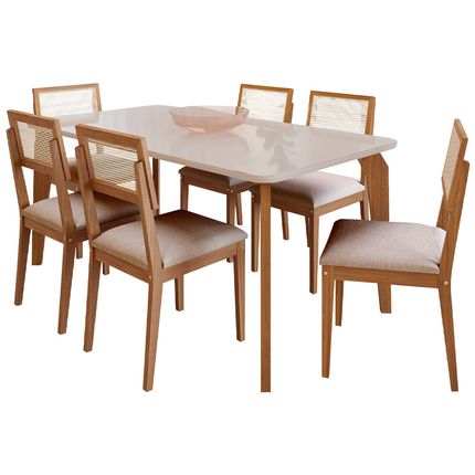 Conjunto Mesa Cimol Papaia 160x80cm com 6 Cadeiras Tecido Linho - Bege