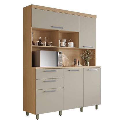 Cozinha Compacta Nesher Nobreza 160cm 5 Portas 2 Gavetas - Carvalho/Greige