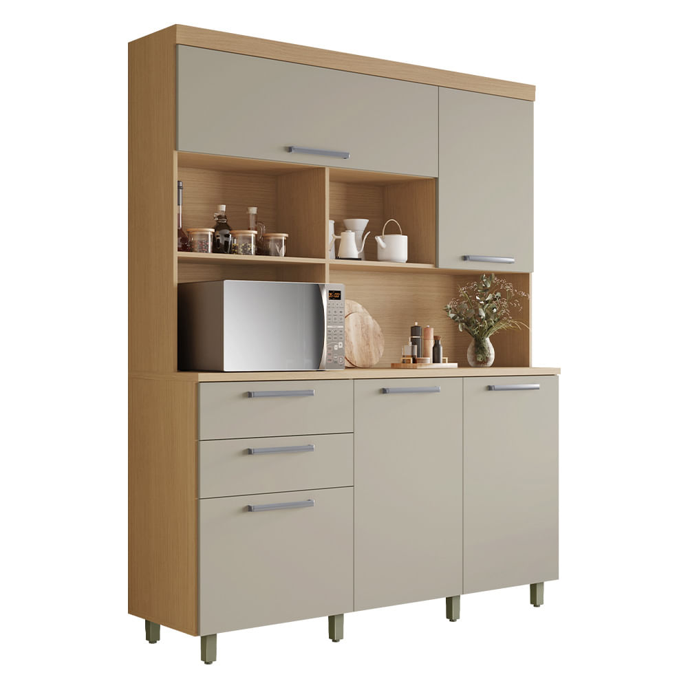Cozinha Compacta Nesher Nobreza 160cm 5 Portas 2 Gavetas - Carvalho/Greige
