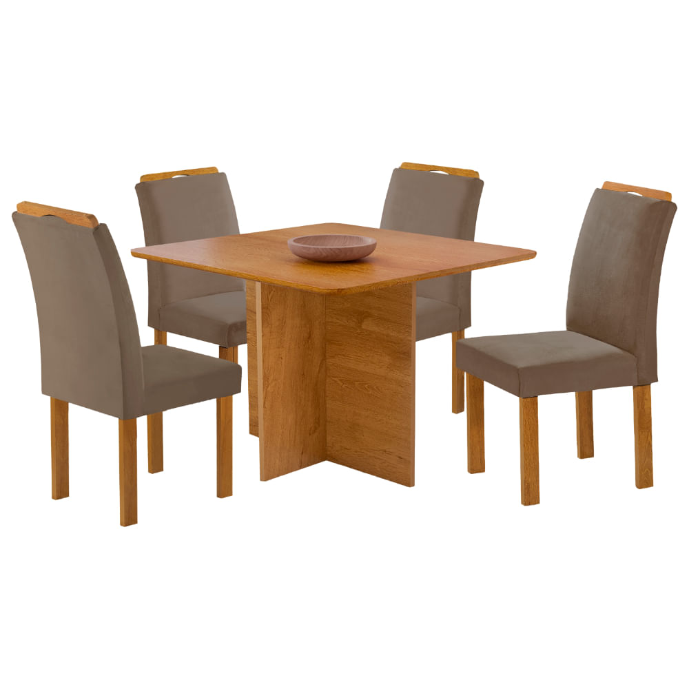 Conjunto Mesa Cel Salinas 90x90cm com 4 Cadeiras Londres Tecido Veludo - Cinamomo