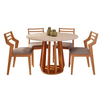 Conjunto Mesa Cimol Pitanga 109cm com 4 Cadeiras Damasco Natuame - Madeira/Off White