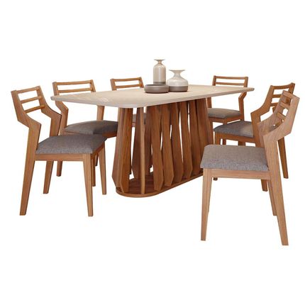 Conjunto Mesa Cimol Pitanga 180cm com 6 Cadeiras Damasco Natuame - Madeira/Off White