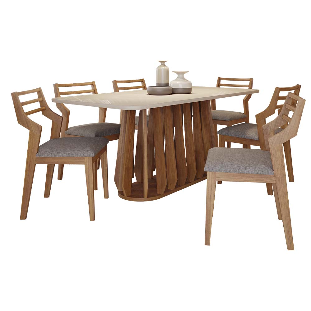 Conjunto Mesa Cimol Pitanga 180cm com 6 Cadeiras Damasco Natuame - Madeira/Off White